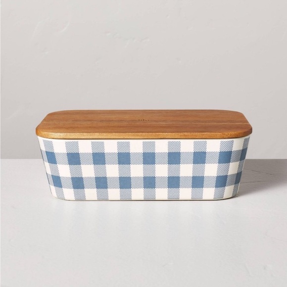 Hearth & Hand Other - Hearth & Hand Magnolia Gingham Bamboo-Melamine Bento Box Wood Lid Blue/Cream